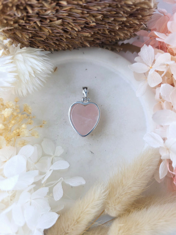 Rose Quartz Heart Silver Pendant