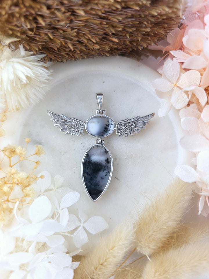Merlinite Winged Goddess Silver Pendant