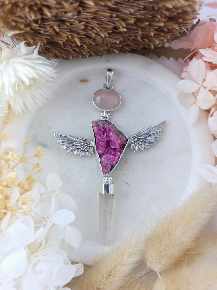 Rose Quartz, Cobalto Calcite & Lemurian Laser Quartz Winged Goddess Pendant