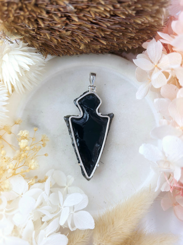 Black Obsidian Arrowhead Silver Pendant
