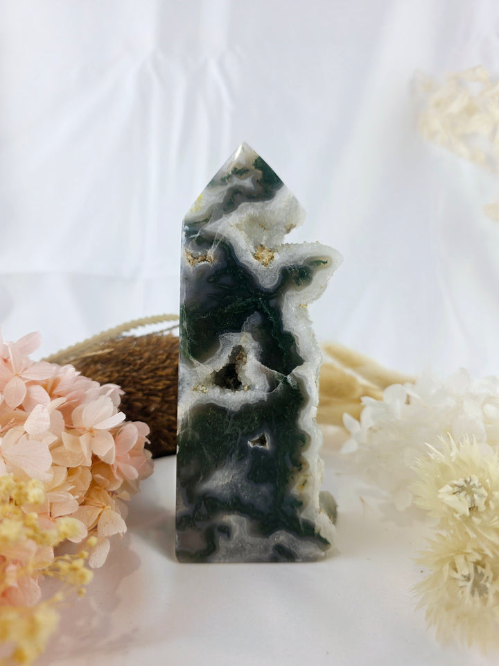 Moss Agate Druzy Tower