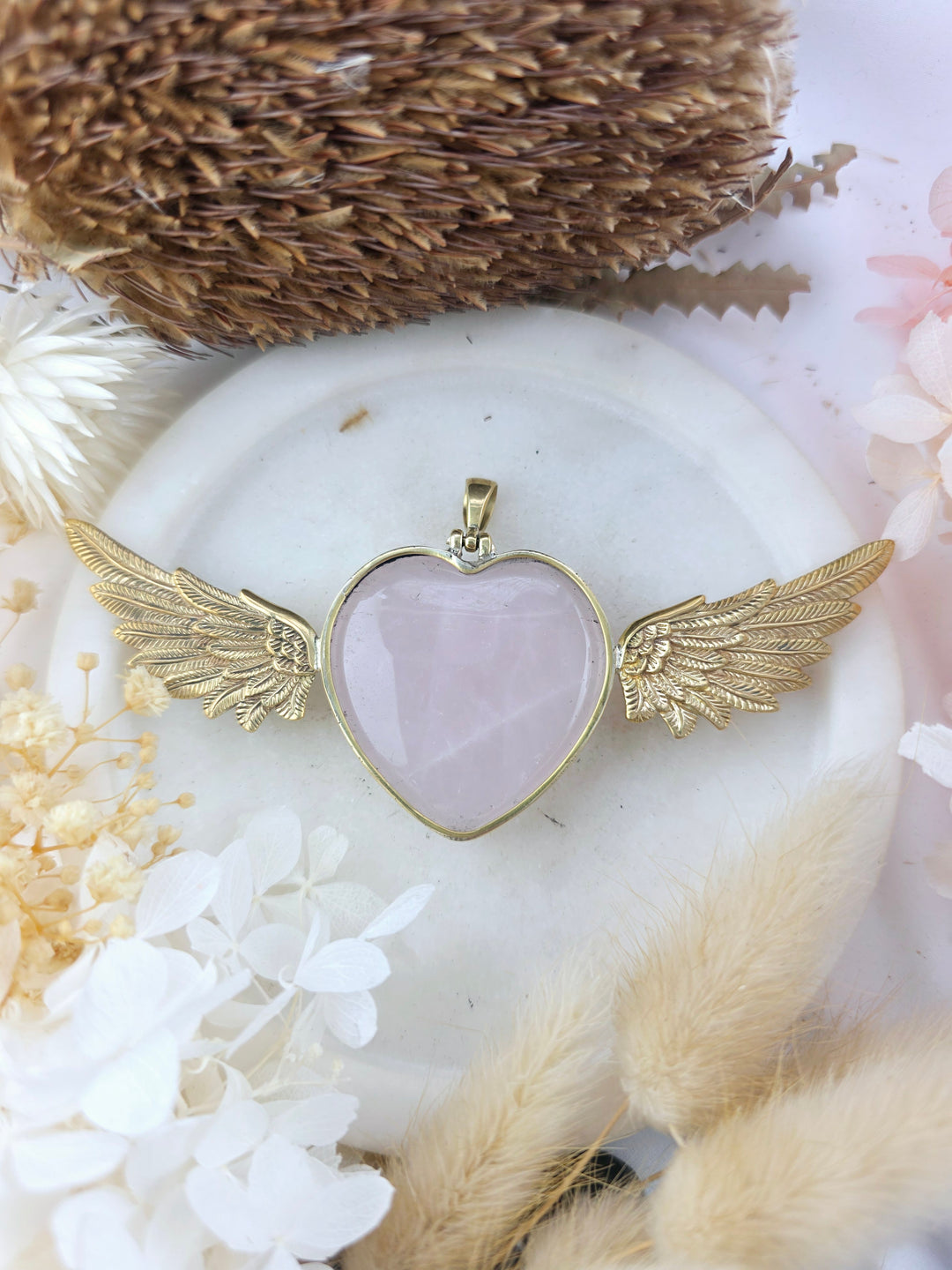 Rose Quartz Heart Winged Goddess Brass Pendant