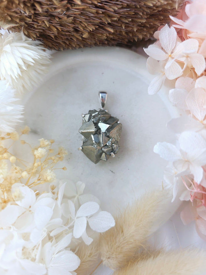 Pyrite Cluster Silver Pendant