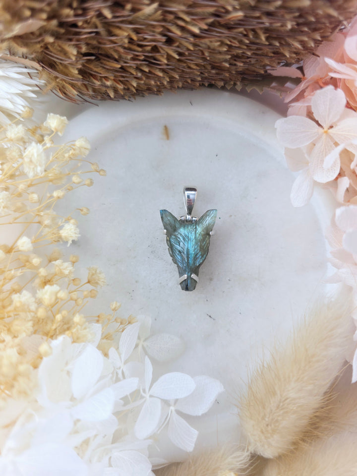 Labradorite Wolf Head Silver Pendant