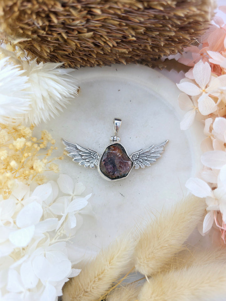 Watermelon Tourmaline Silver Winged Goddess Pendant