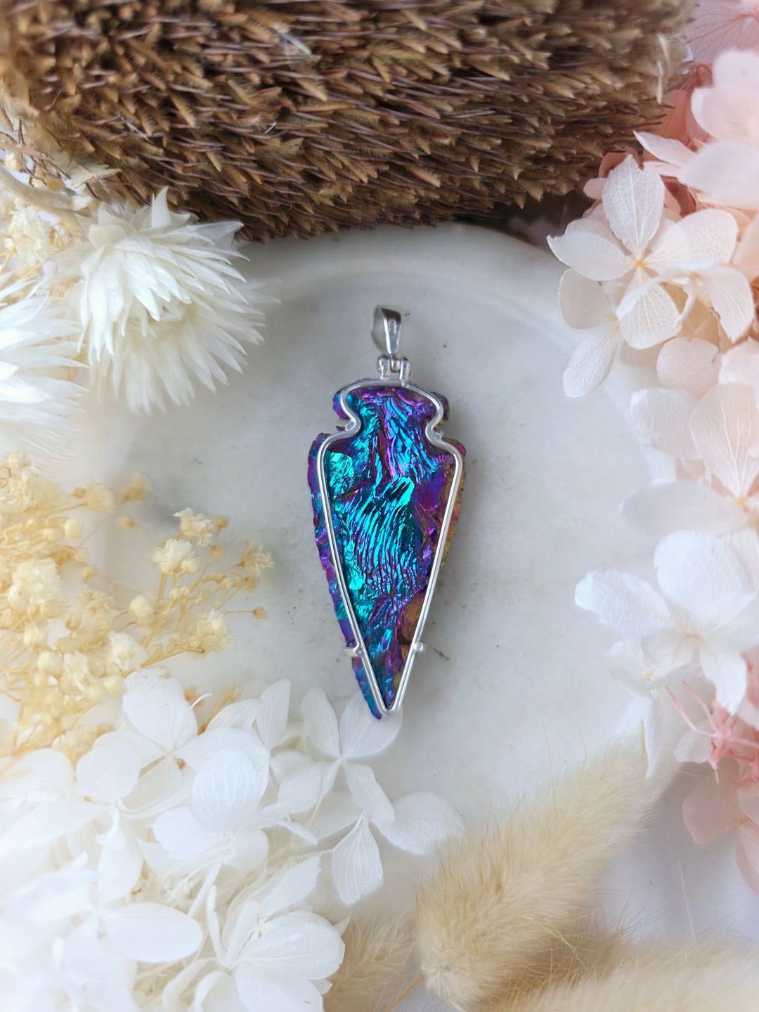 Rainbow Aura Arrowhead Silver Pendant