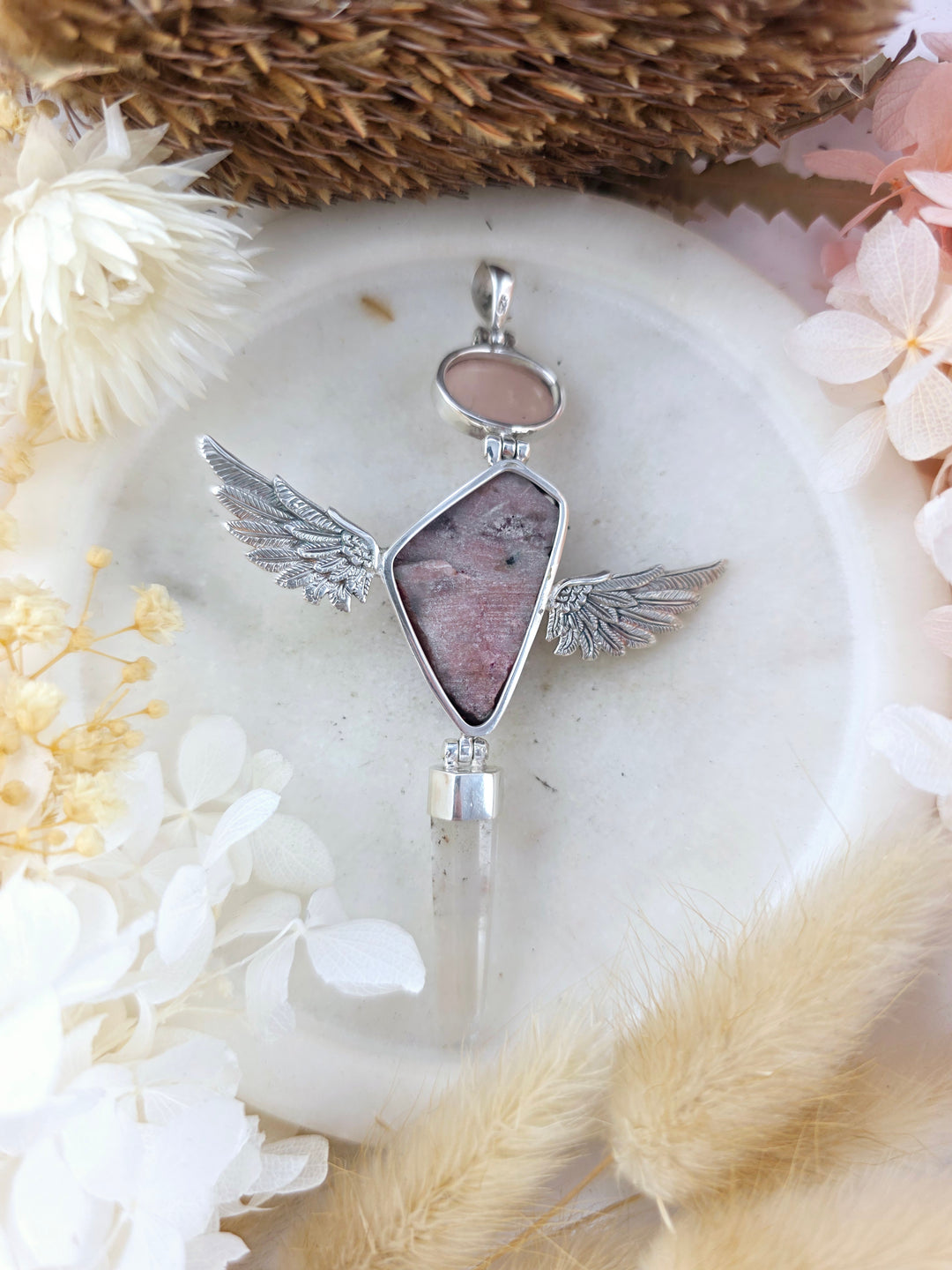 Rose Quartz, Cobalto Calcite & Lemurian Laser Quartz Winged Goddess Pendant