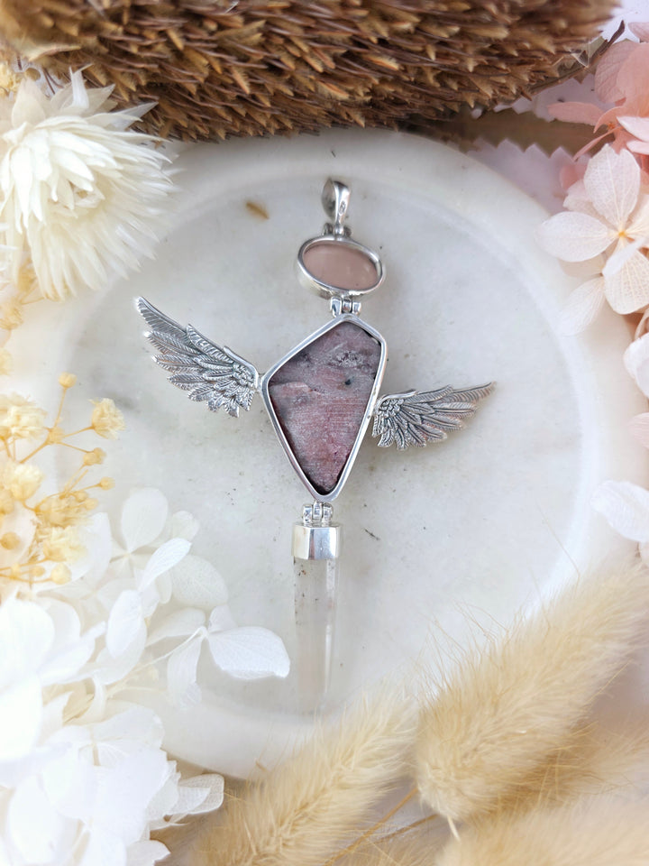 Rose Quartz, Cobalto Calcite & Lemurian Laser Quartz Winged Goddess Pendant