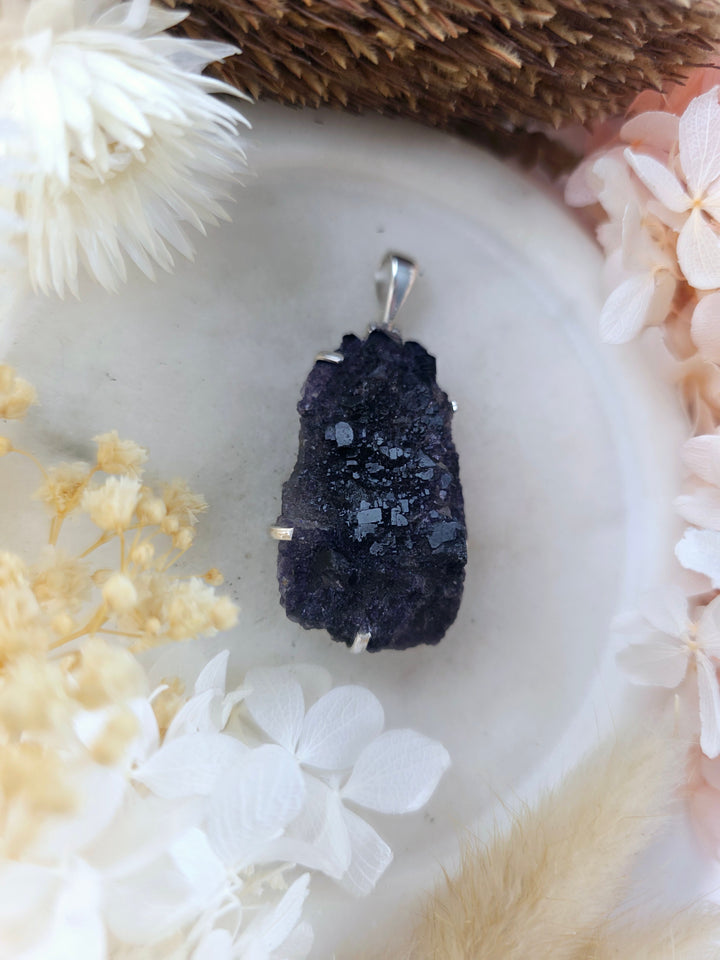 Purple Cubic Fluorite Natural Silver Pendant