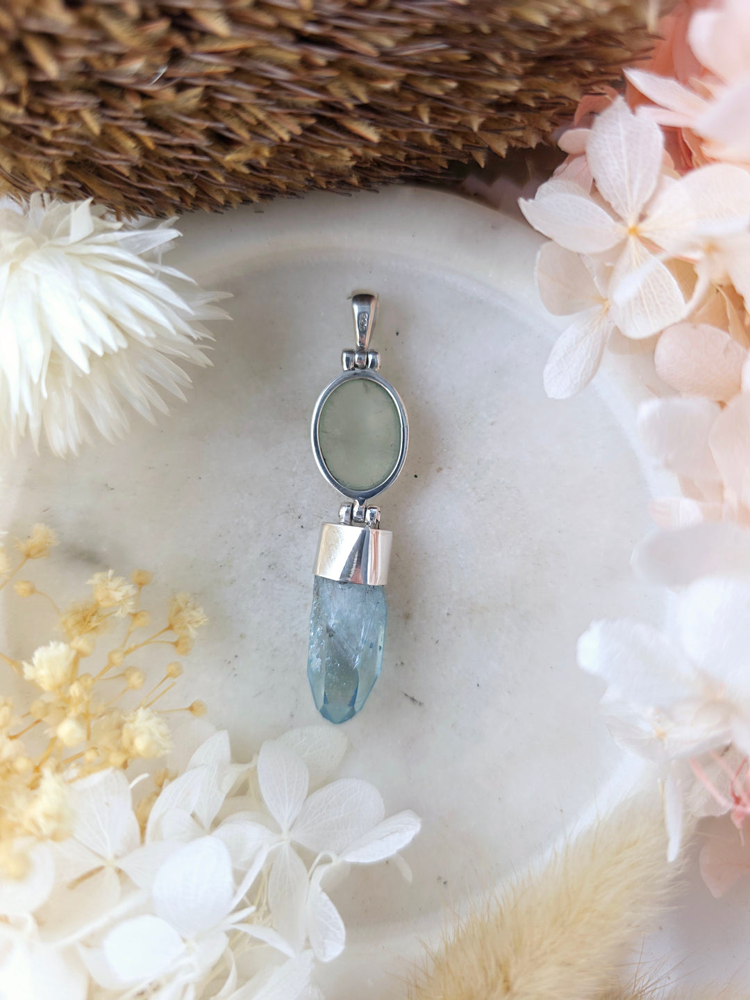 Aqua Aura & Prehnite Silver Pendant