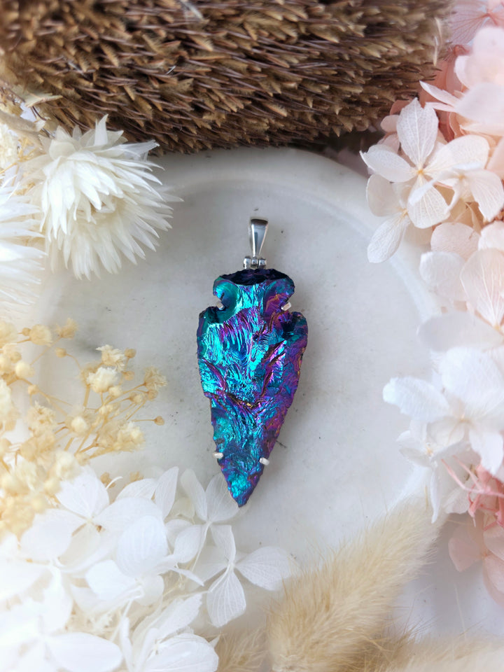 Rainbow Aura Arrowhead Silver Pendant