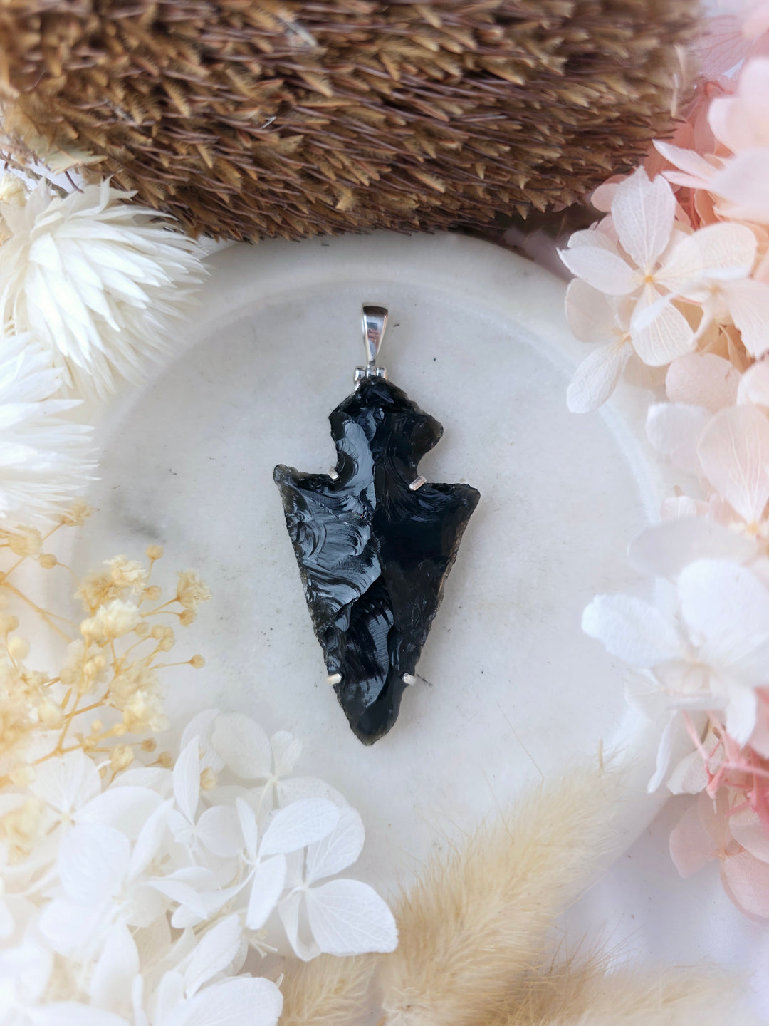 Black Obsidian Arrowhead Silver Pendant