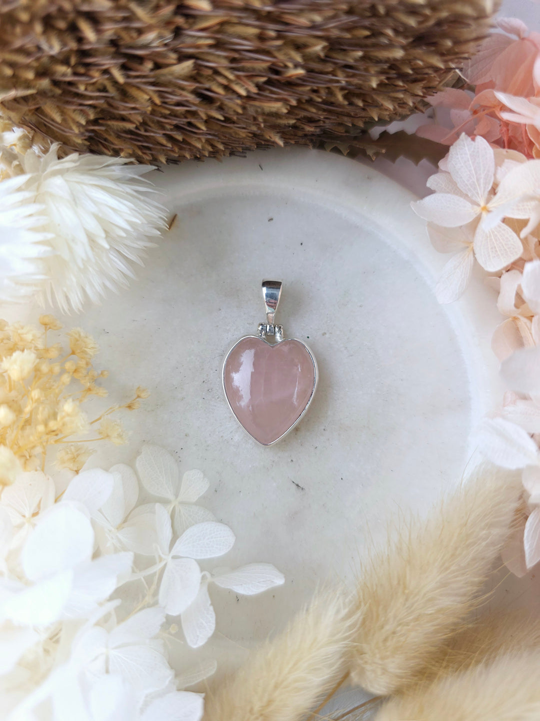 Rose Quartz Heart Silver Pendant