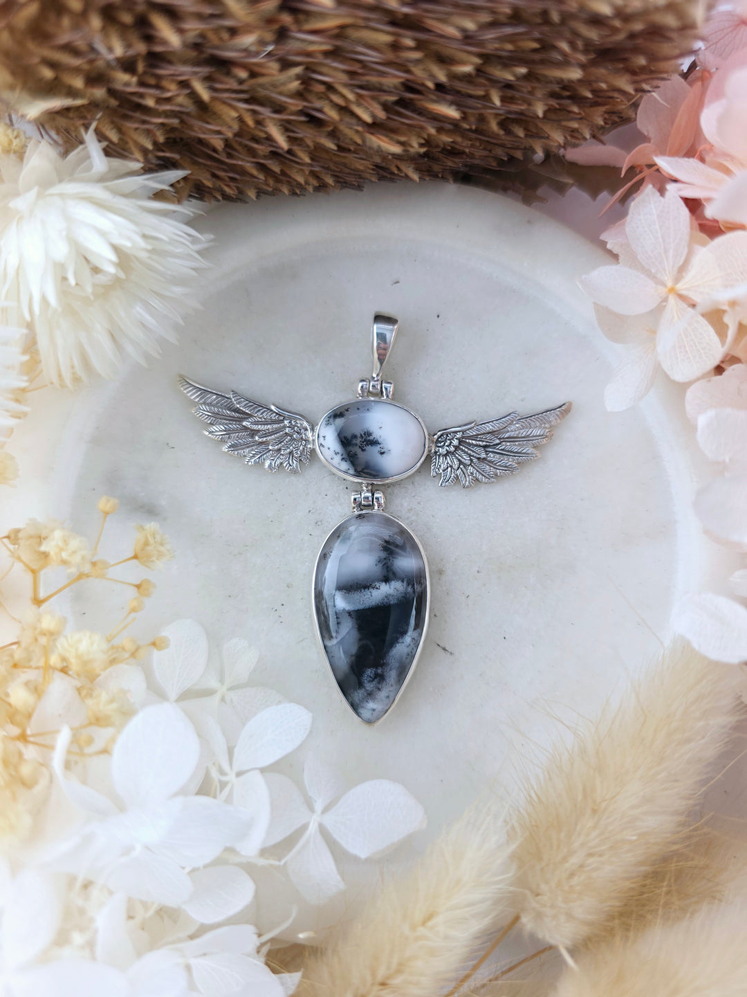 Merlinite Winged Goddess Silver Pendant