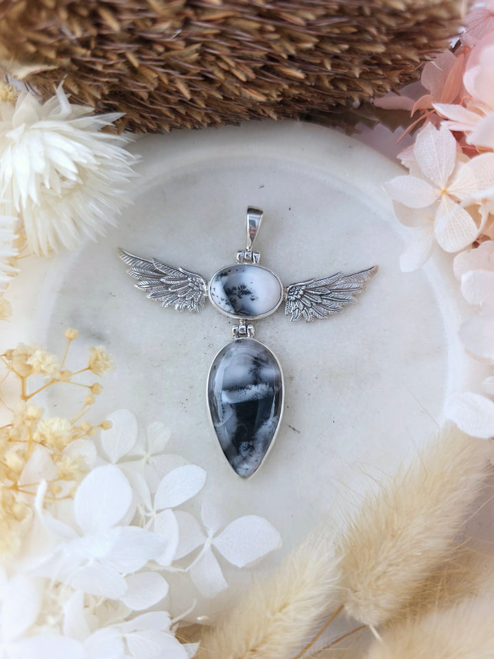 Merlinite Winged Goddess Silver Pendant