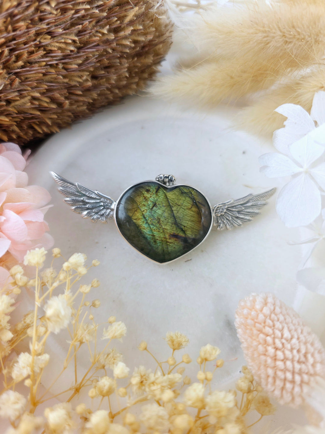 Labradorite Heart Anahata silver pendant with winged heart