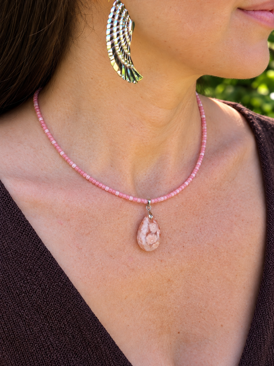 Pink Opal & Cherry Blossom Agate Necklace Set — Kindness & Self-Compassion