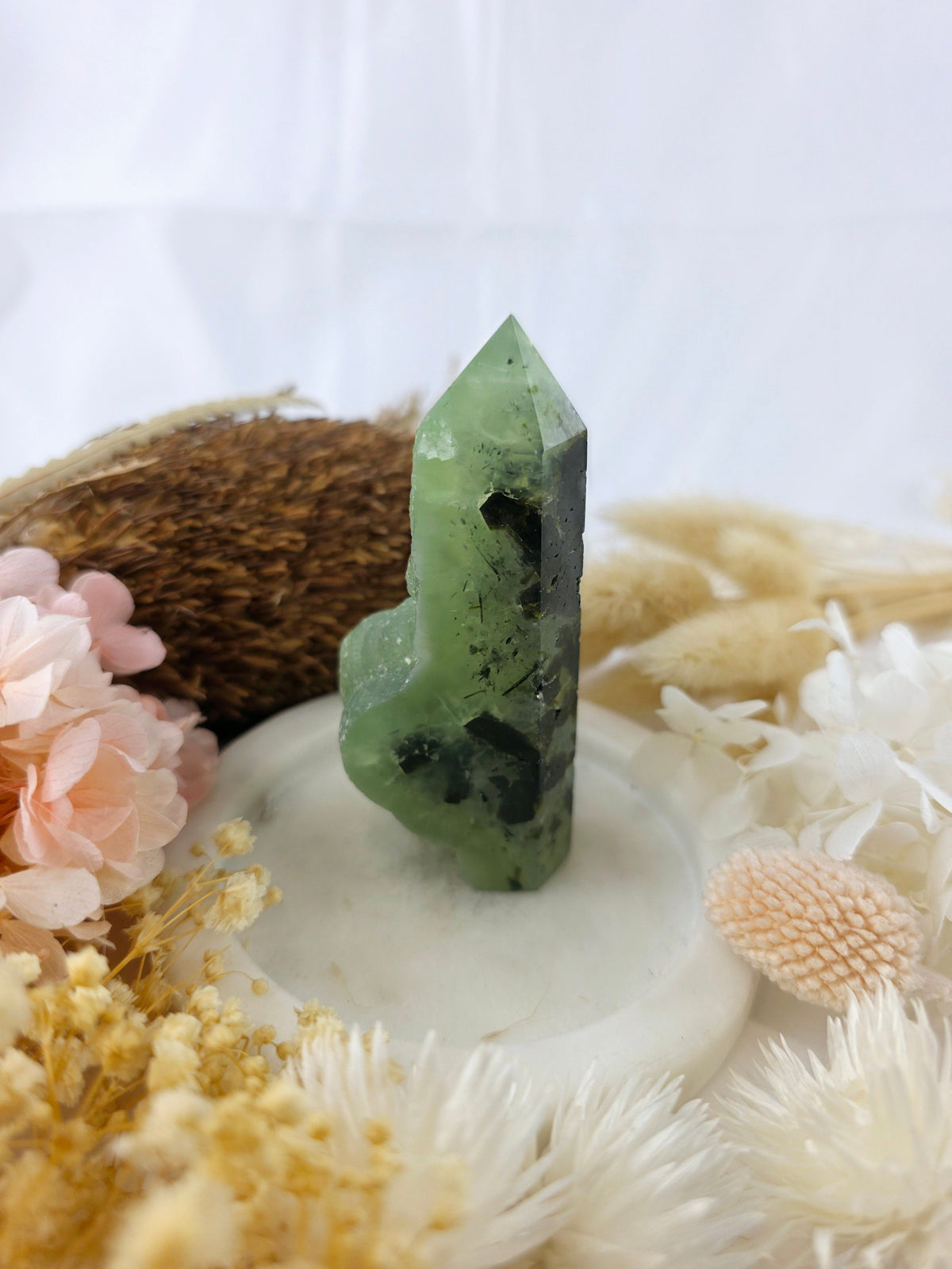 Prehnite with Black Tourmaline & Epidote Tower