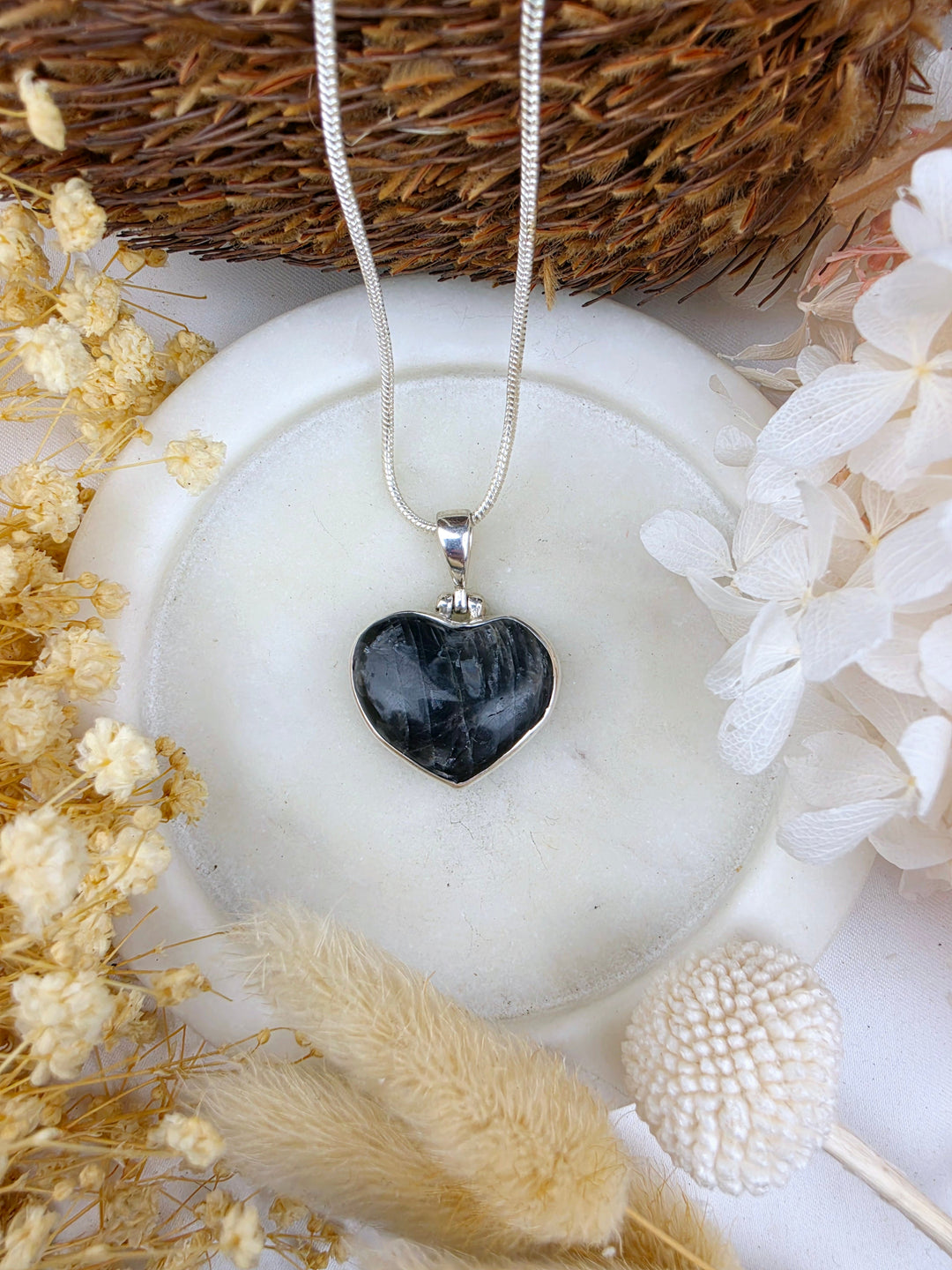 Black Moonstone Heart Silver Pendant - Begin Again