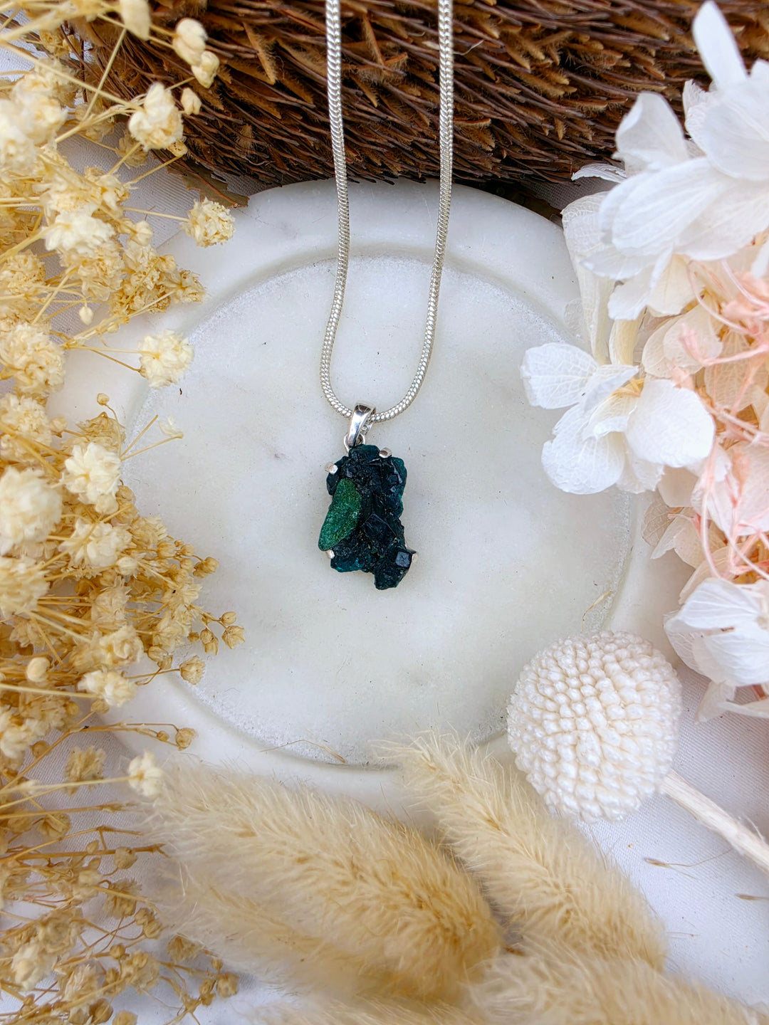 Dioptase with Malachite Natural Cluster Silver Pendant — Heart Healing
