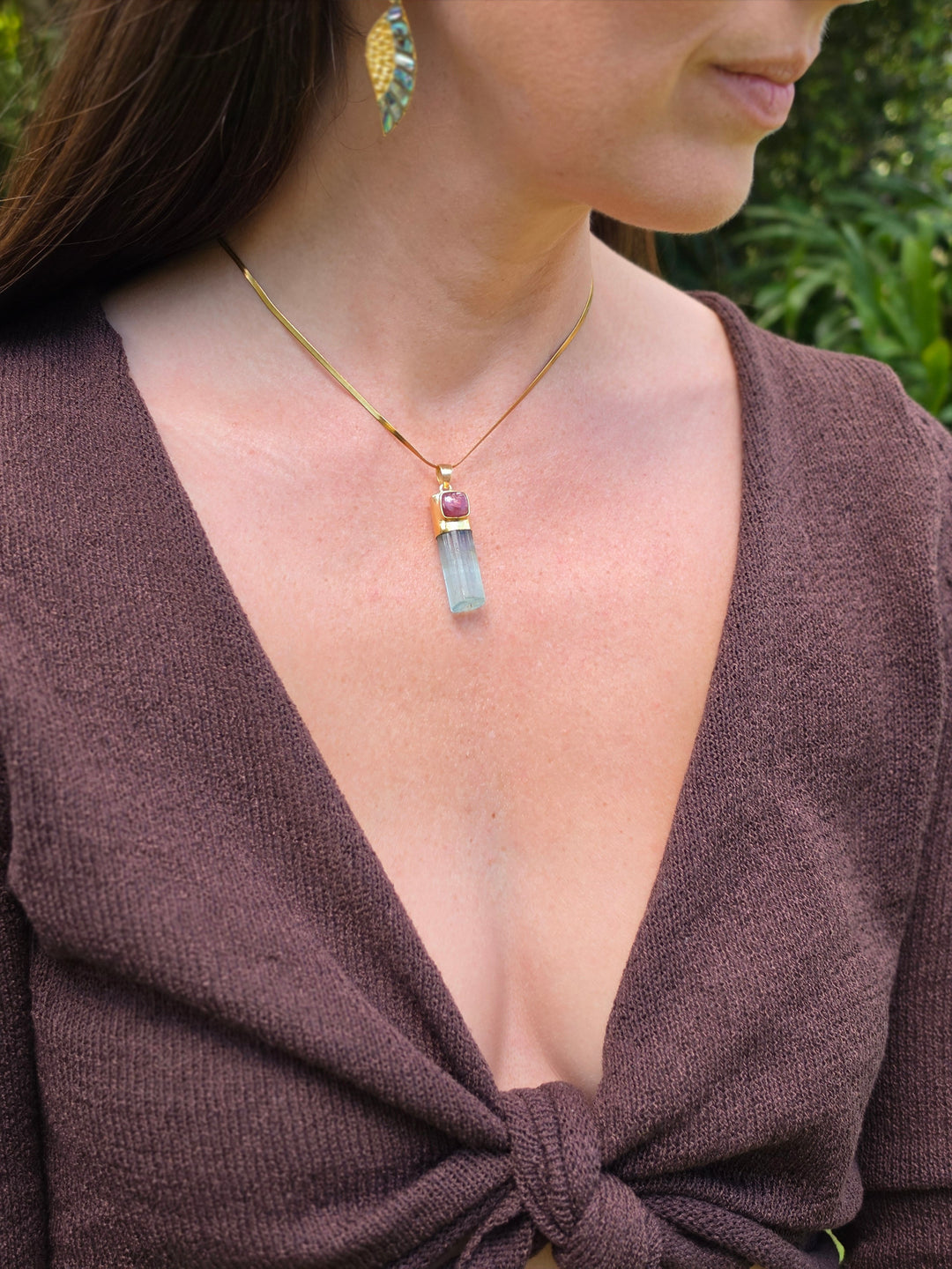 Natural Raw Emerald & Pink Tourmaline Pendant – 9K Solid Gold Light Keeper Wand — Love in Bloom