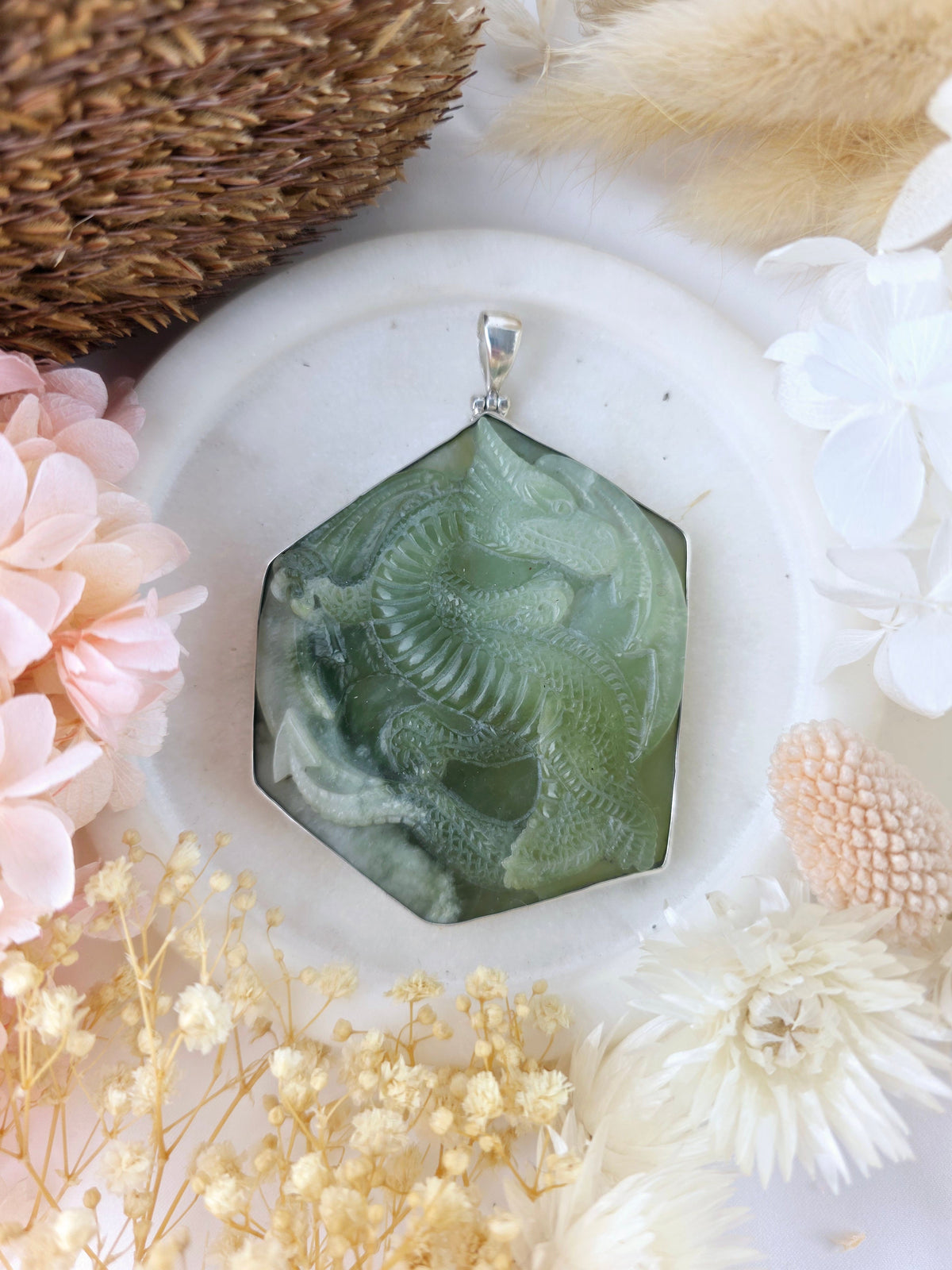 Jade Dragon Silver Pendant