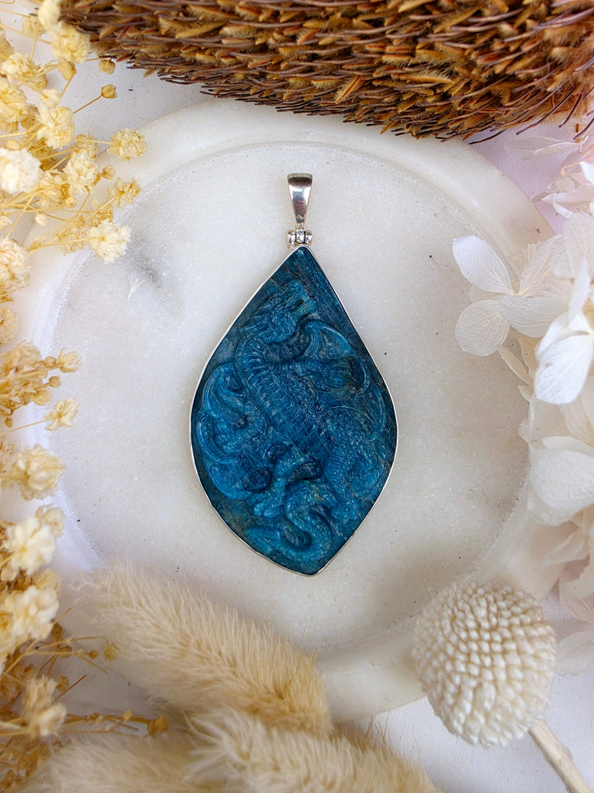 Blue Apatite Dragon Silver Pendant - Motivated & Inspired