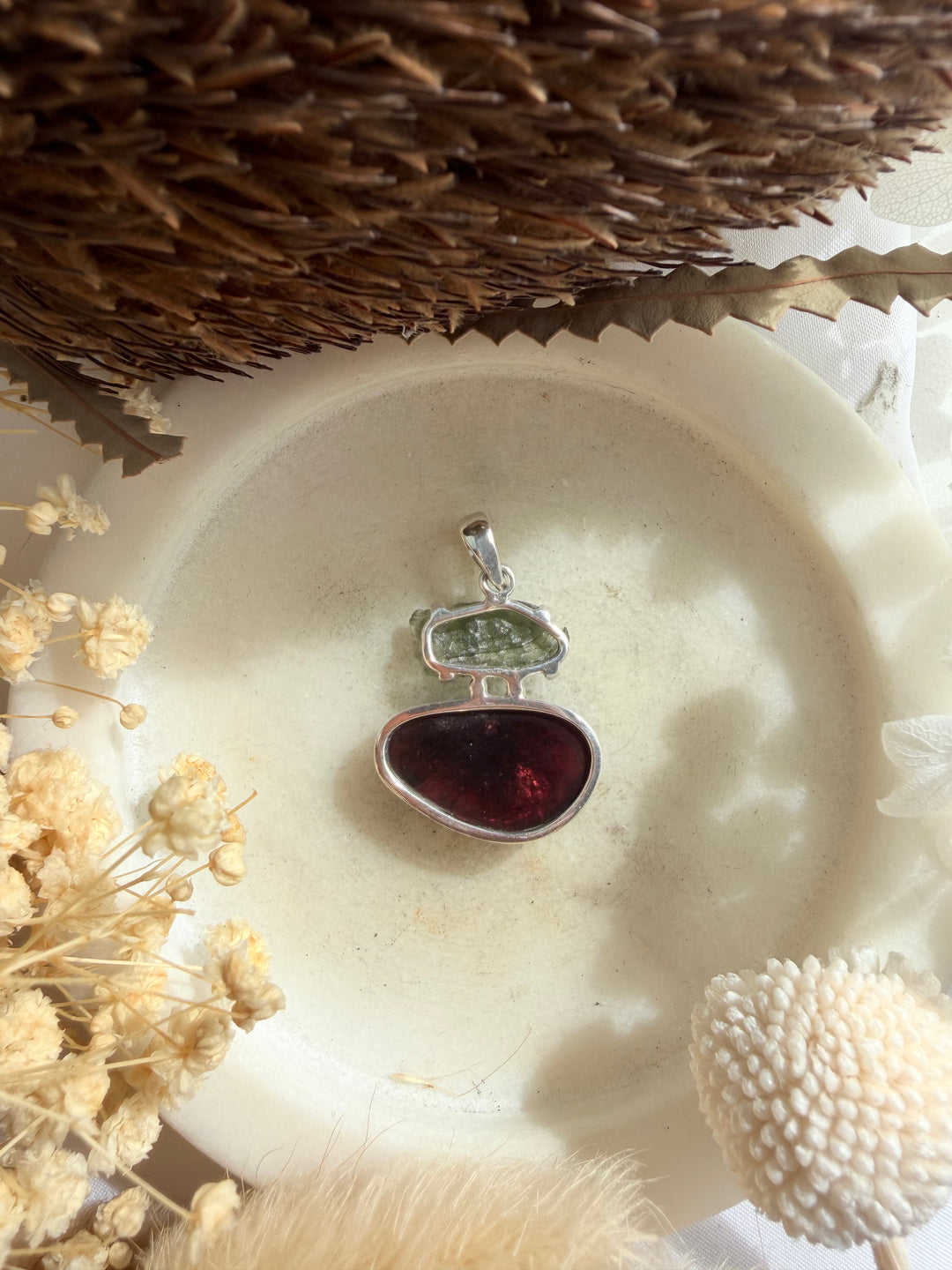 Garnet & Moldavite Silver Pendant