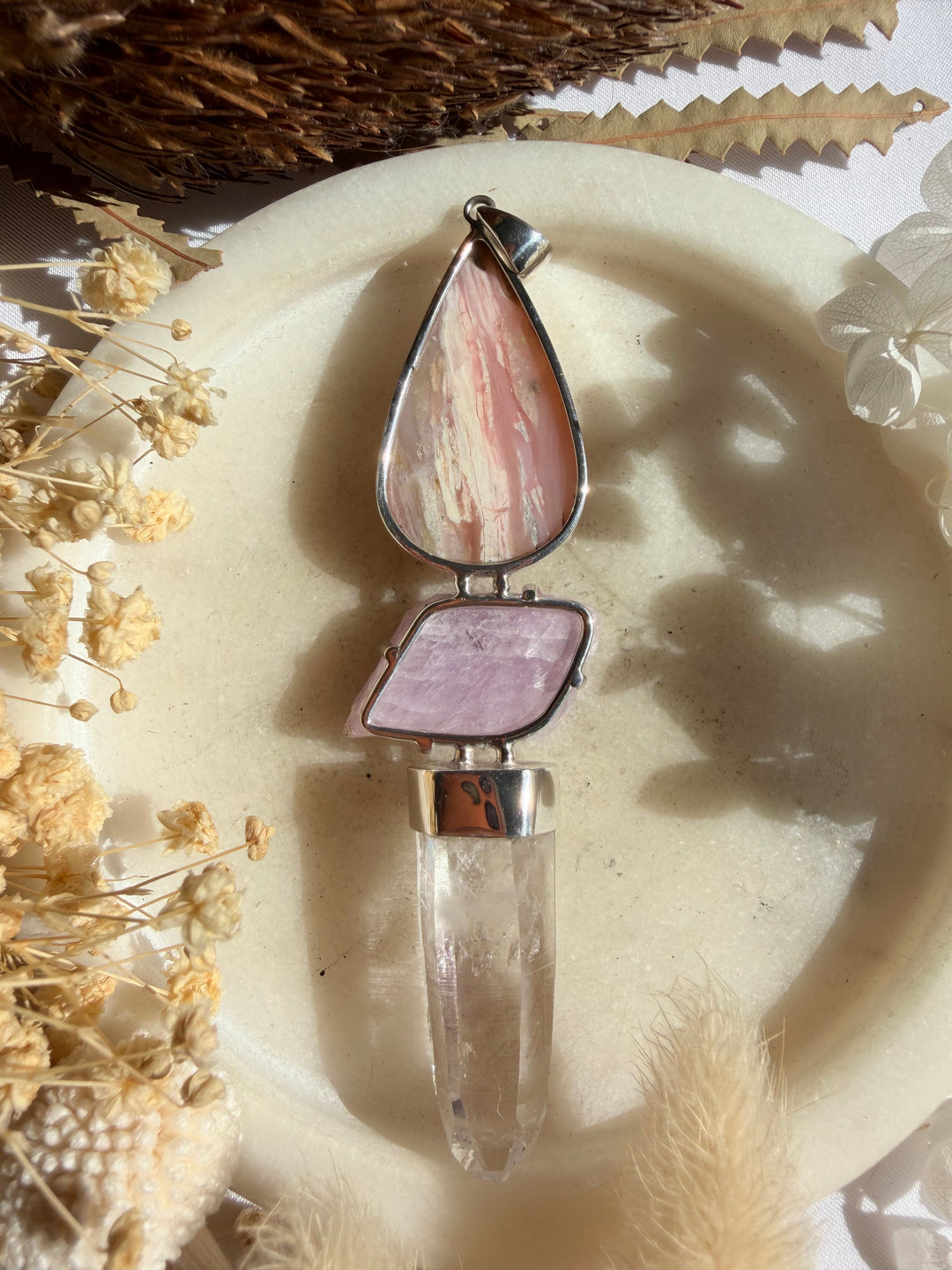 Pink Opal, Kunzite & Lemurian Vera Cruz Amethyst Silver Pendant