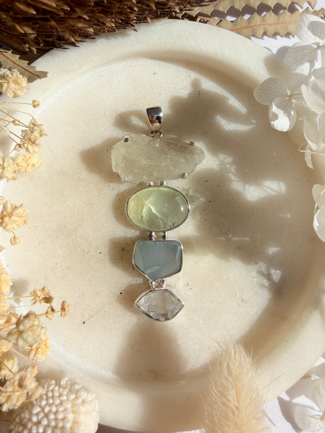 Libyan Desert Glass, Prehnite, Aquamarine & Herkimer Diamond Silver Pendant