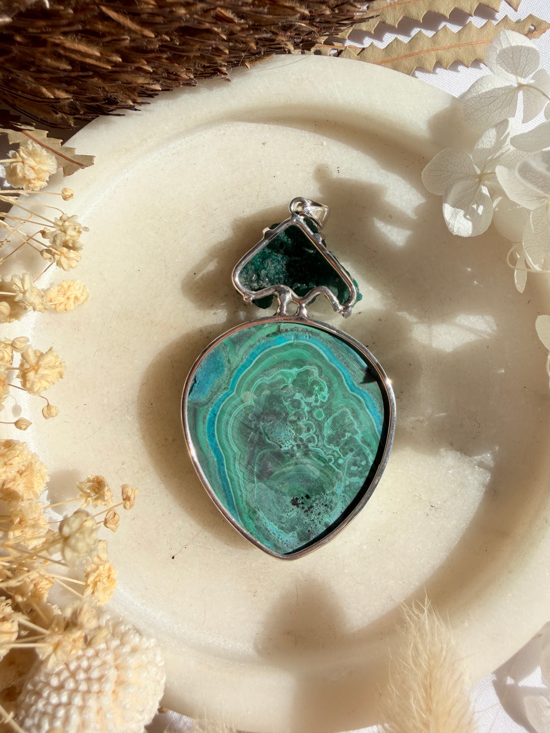 Dioptase, Chyrsocolla & Malachite Silver Pendant