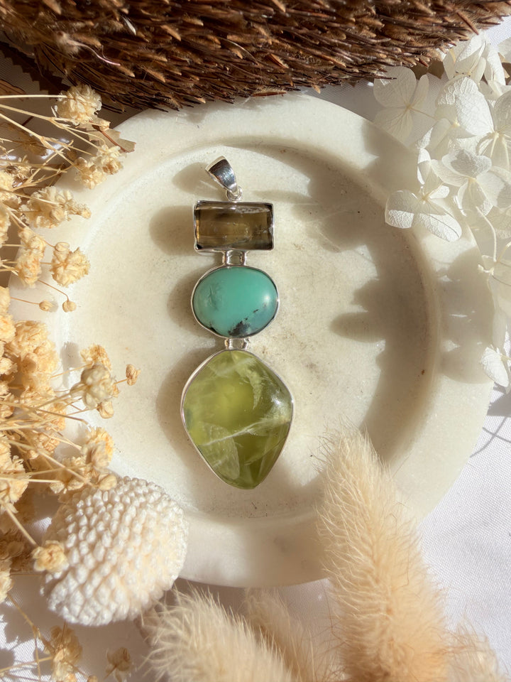 Prehnite, Chrysoprase & Smoky Citrine Silver Pendant