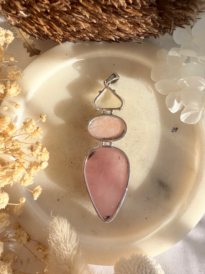 Rose Quartz, Morganite & Libyan Desert Glass Silver Pendant