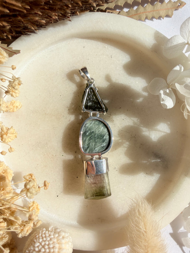 Moldavite, Seraphinite & Watermelon Tourmaline Silver Pendant