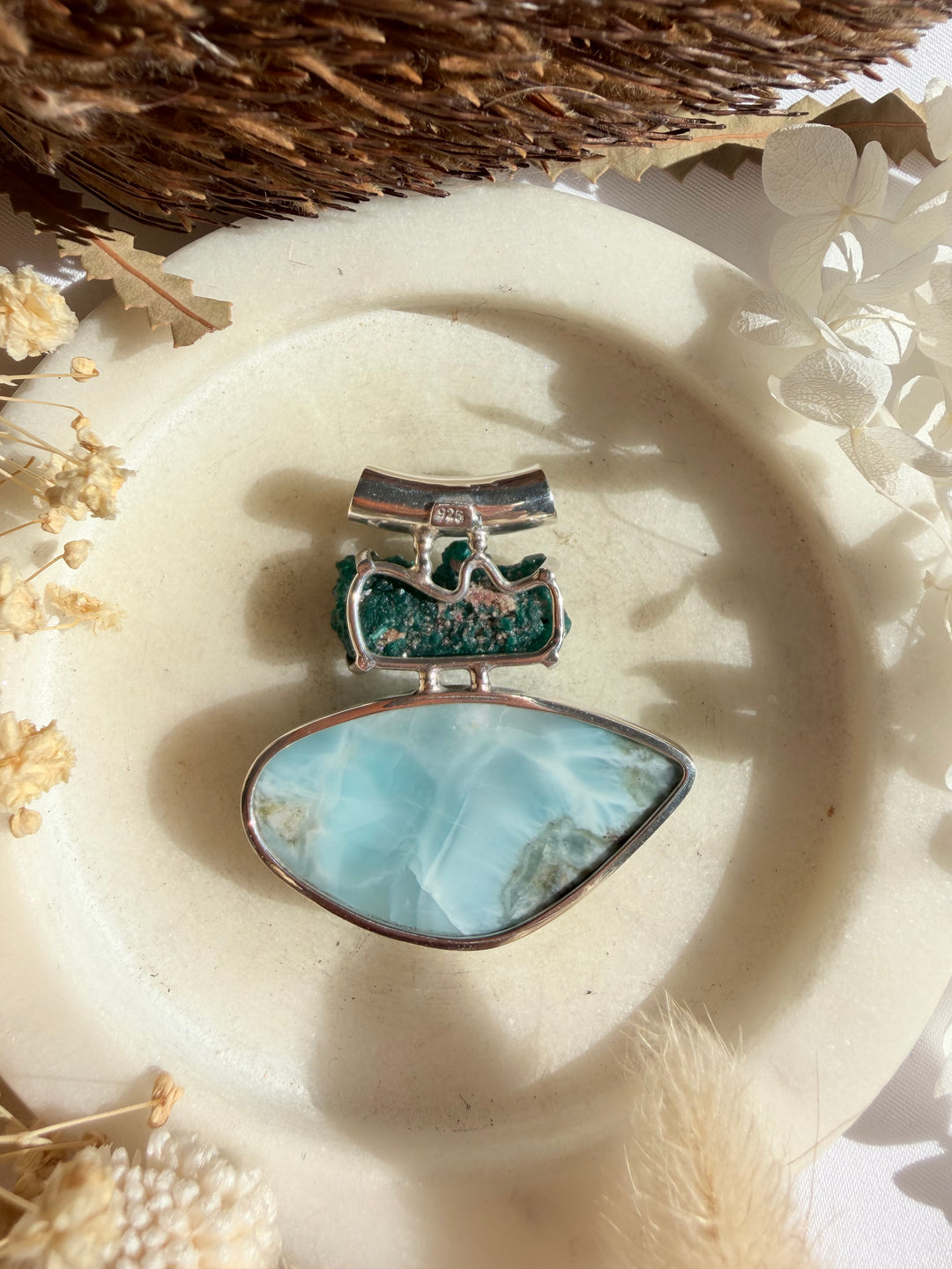 Dioptase & Larimar Silver Pendant