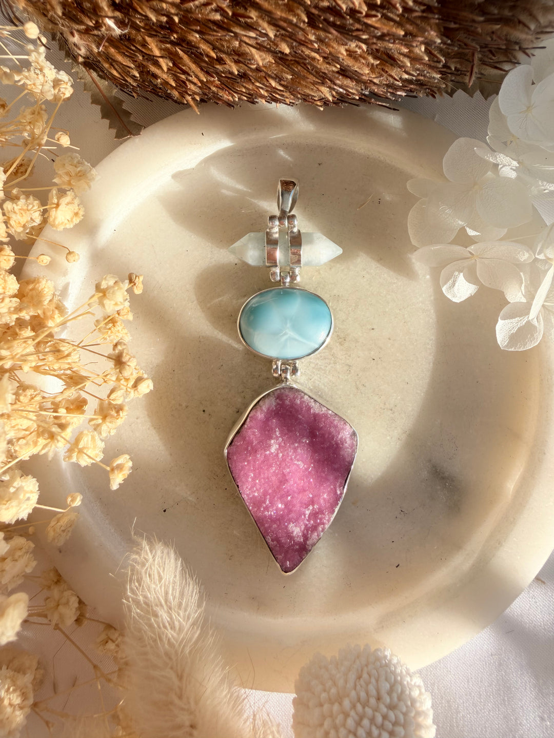 Larimar, Cobalto Calcite & Aquamarine Silver Pendant