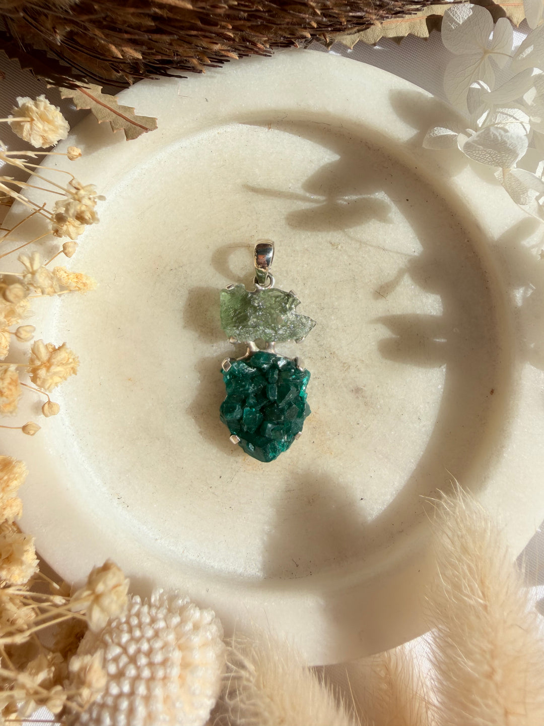 Moldavite & Dioptase Silver Pendant
