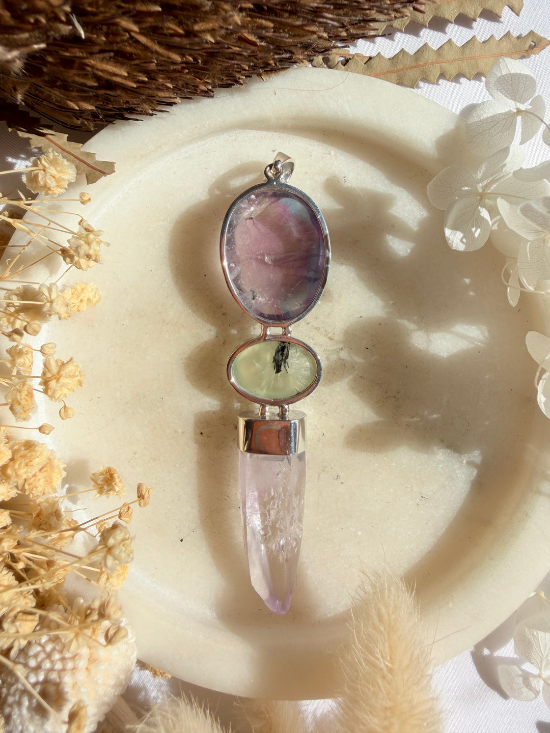 Vera Cruz Amethyst, Prehnite & Rainbow Fluorite Silver Pendant