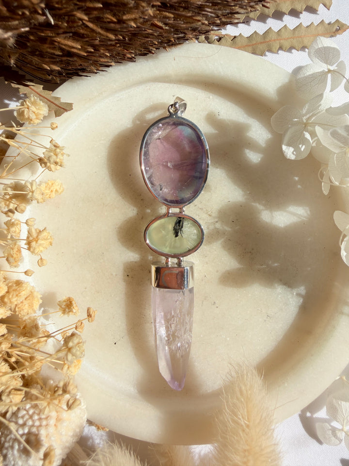 Vera Cruz Amethyst, Prehnite & Rainbow Fluorite Silver Pendant