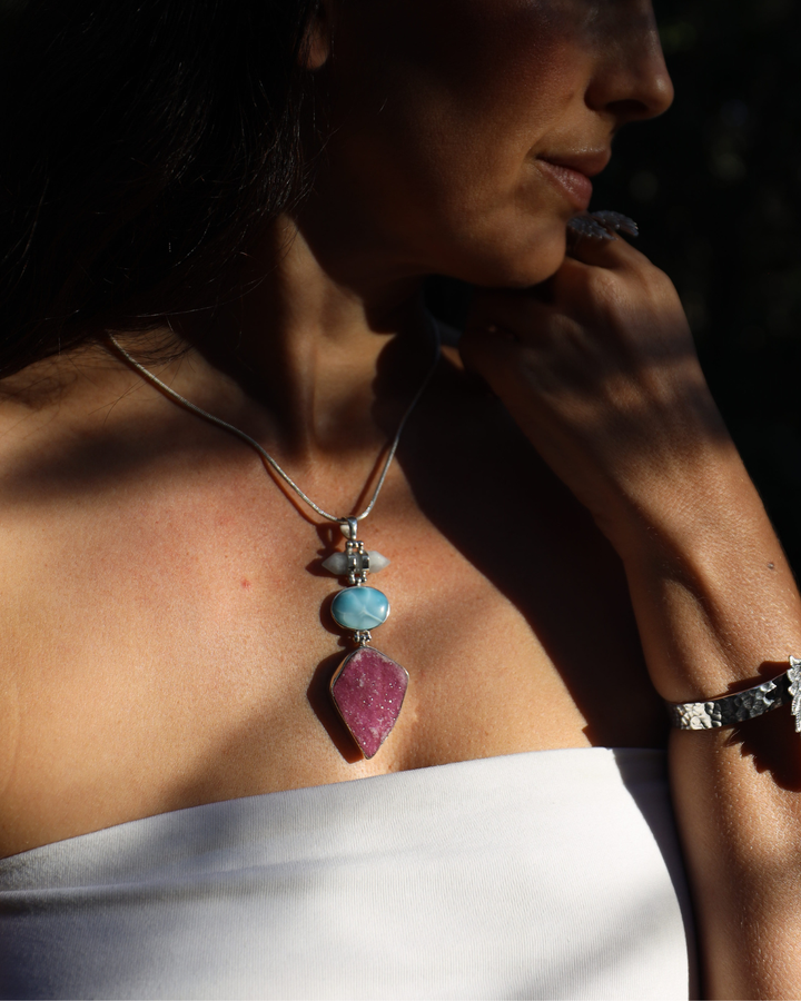 Larimar, Cobalto Calcite & Aquamarine Silver Pendant