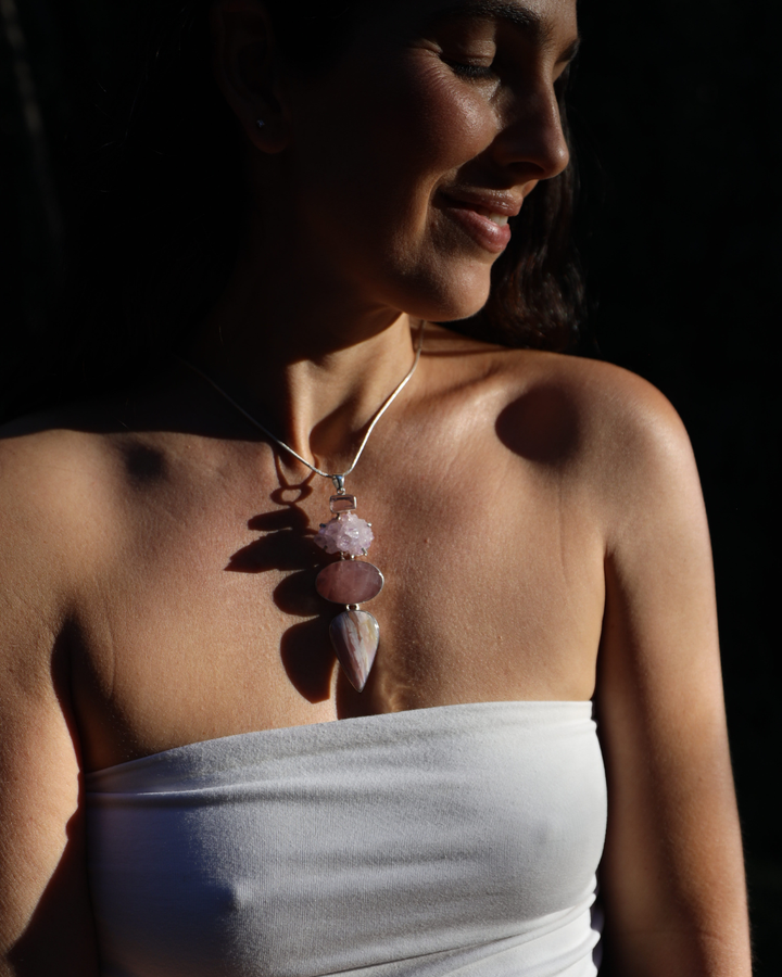 Pink Opal, Rose Quartz, Spirit Quartz & Vera Cruz Amethyst Silver Pendant