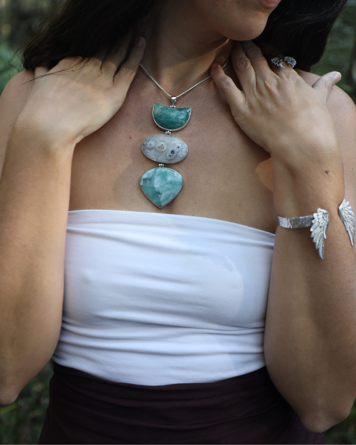 Hemimorphite, White Amethyst & Amazonite Silver Pendant