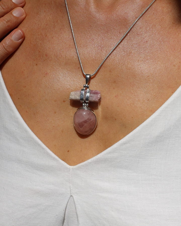 Pink Tourmaline & Rose Quartz Silver Pendant