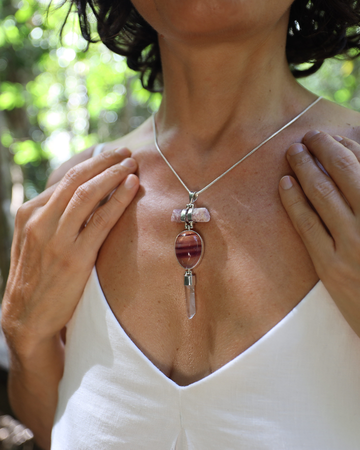 Pink Tourmaline, Rainbow Fluorite & Lemurian Quartz Silver Pendant
