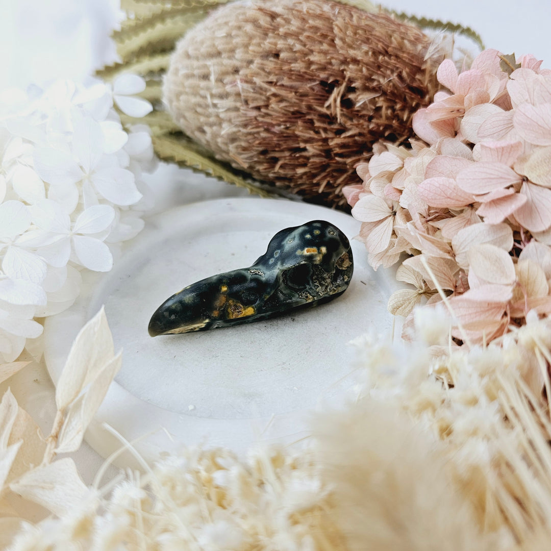 Ocean Jasper Raven Skull Pendant