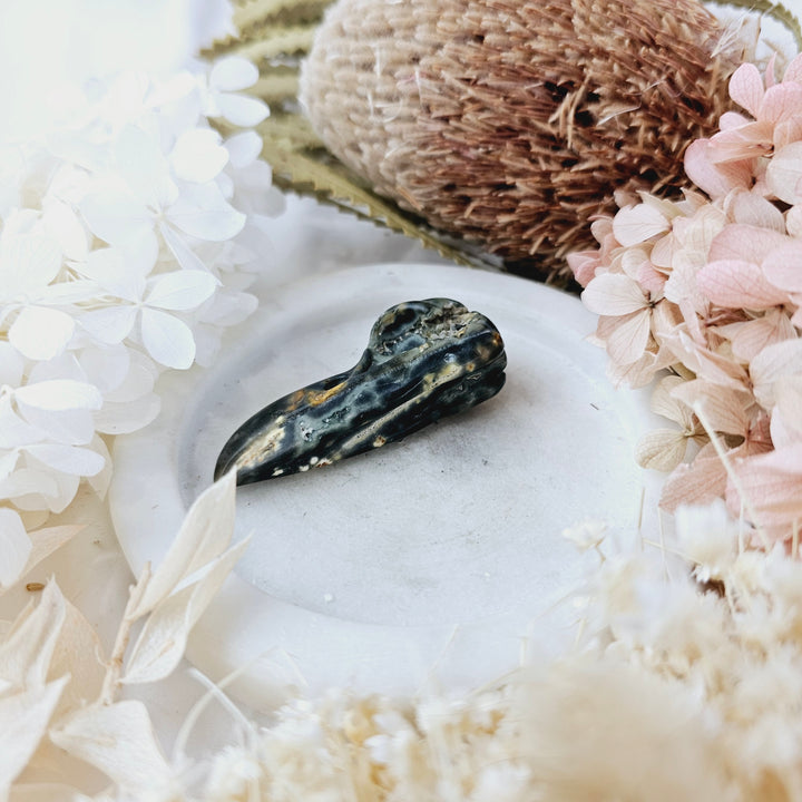 Ocean Jasper Raven Skull Pendant