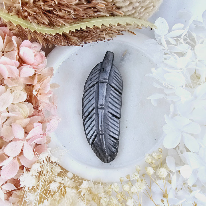 Silver Sheen Obsidian Feather Pendant