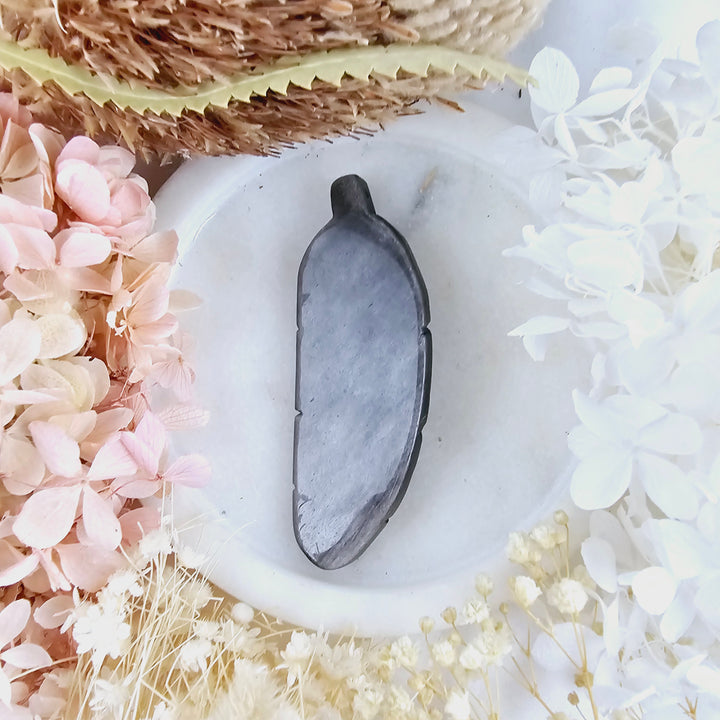 Silver Sheen Obsidian Feather Pendant