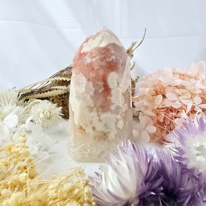 Pink Amethyst Druzy with Cherry Blossom Agate Tower