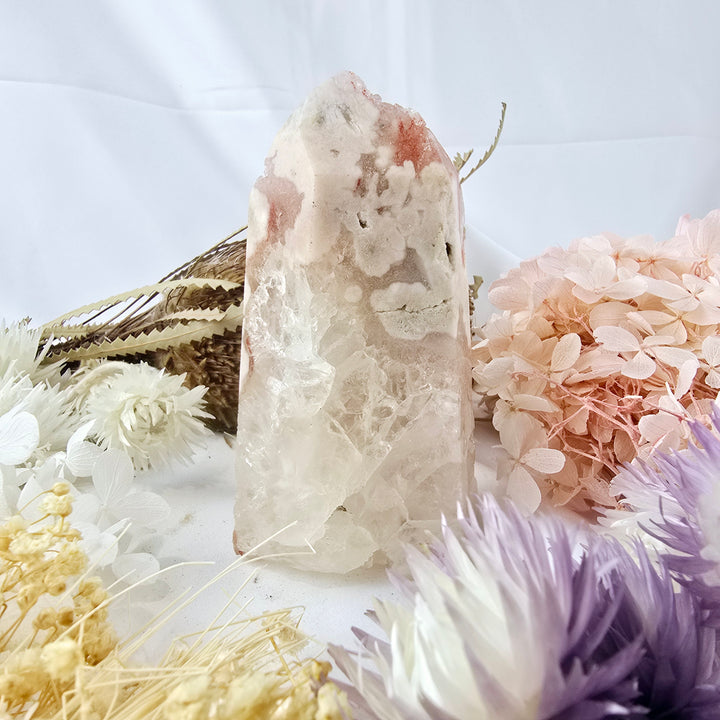 Pink Amethyst Druzy with Cherry Blossom Agate Tower